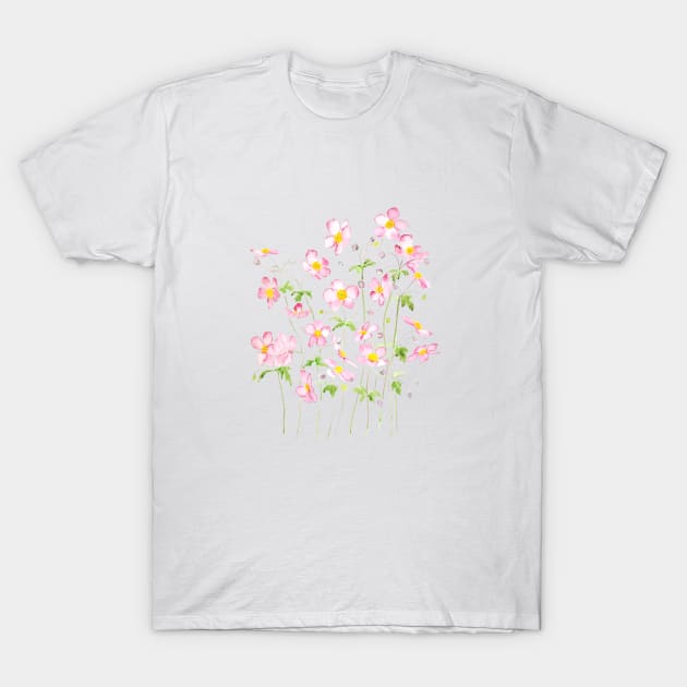 Pink Japanese Anemone field watercolor painting T-Shirt by colorandcolor